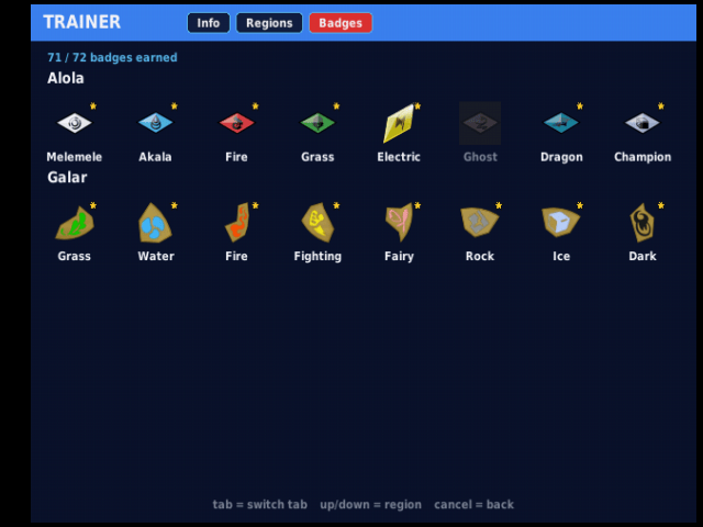 The badge case animating through earned gym badges