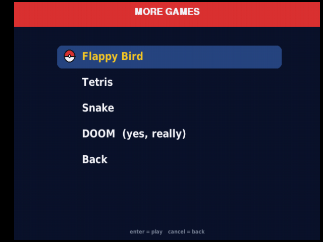 More Games menu with Flappy Bird, Tetris, Snake and DOOM
