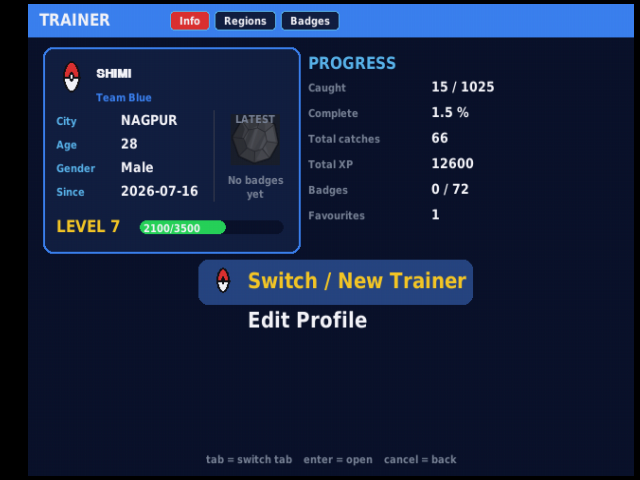 Trainer Status screen showing level, XP and progress